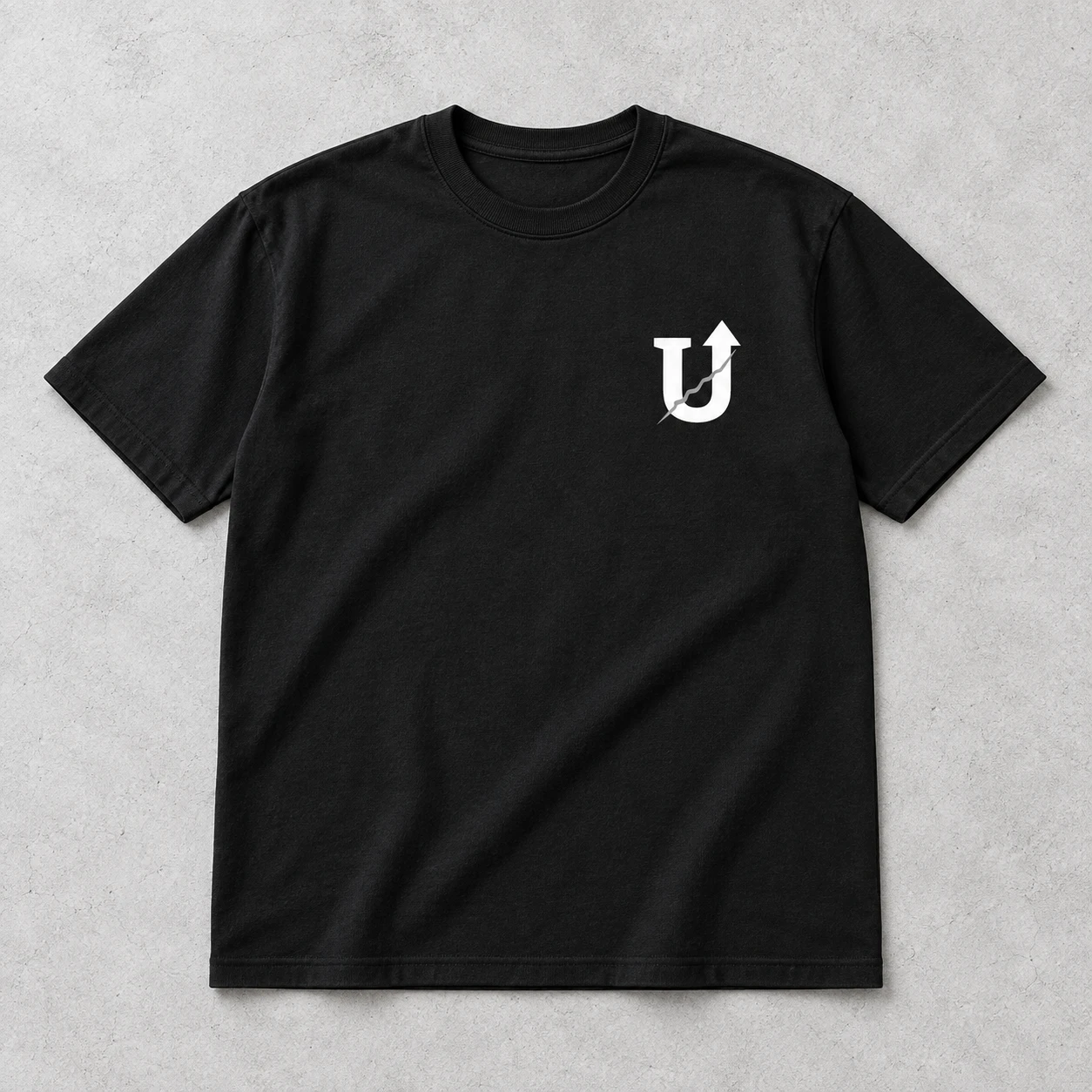 Black T-shirt concept with the silver U-arrow logo at the left chest.